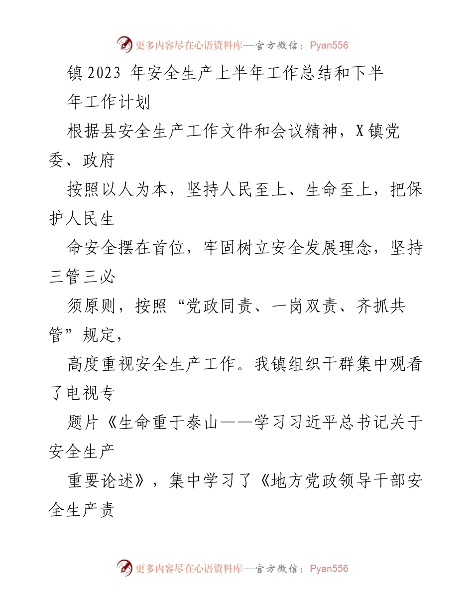 [工作总结] 镇安全生产工作 - 2023年上半年安全生产工作总结及下半年工作计划.docx_第1页