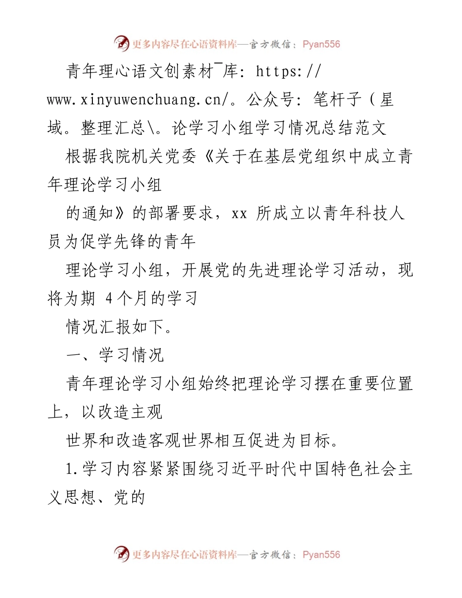 [工作总结] 青年理论学习小组 - 青年理论学习小组学习情况总结报告.docx_第1页