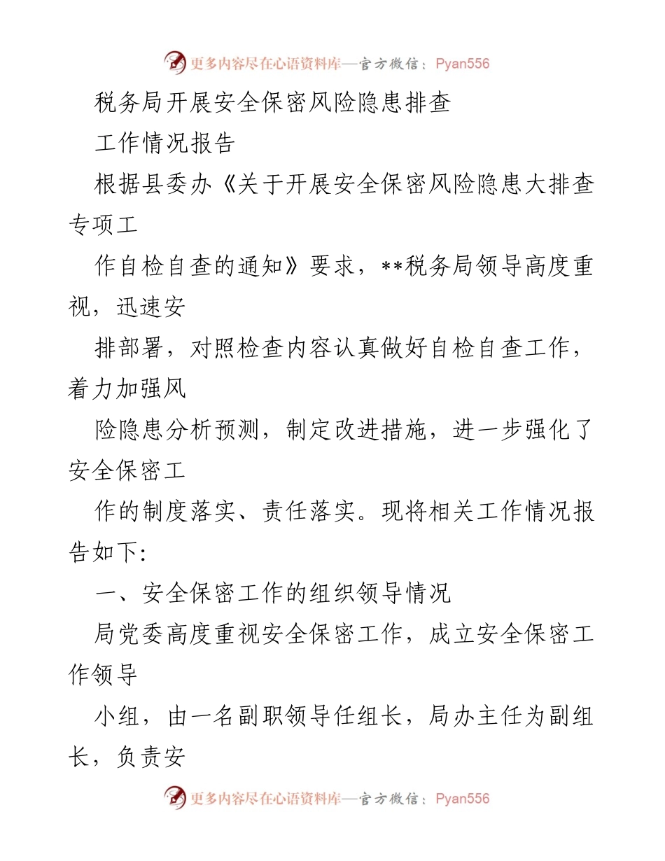 [工作情况报告] 税务局 - 安全保密风险隐患排查工作总结.docx_第1页