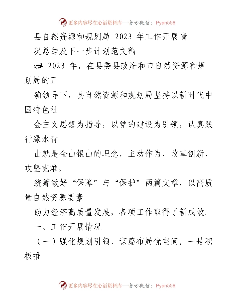 [工作总结] 自然资源和规划局 - 2023年工作开展情况总结及下一步计划.docx_第1页