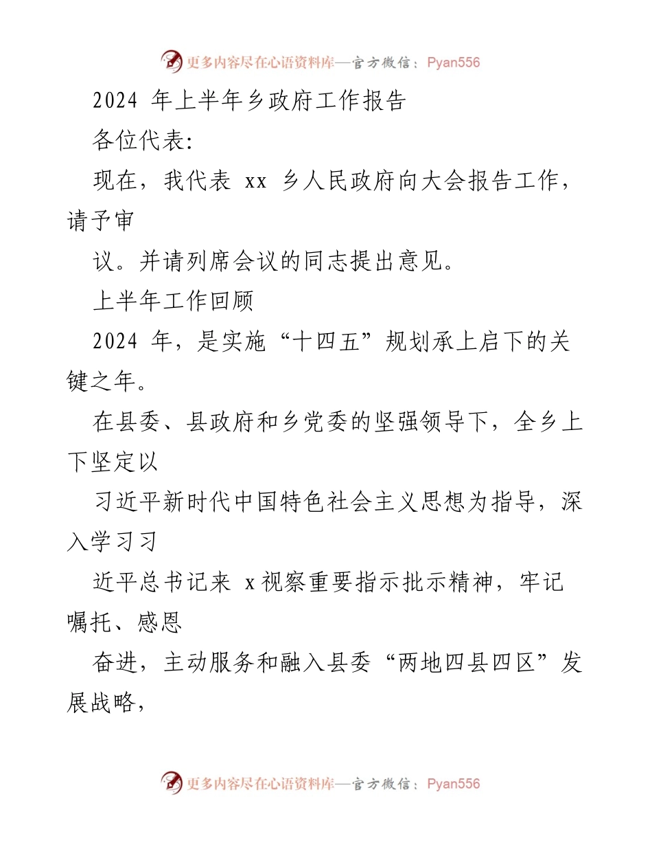 [工作报告] 乡政府 - 2024年上半年工作总结与发展规划.docx_第1页