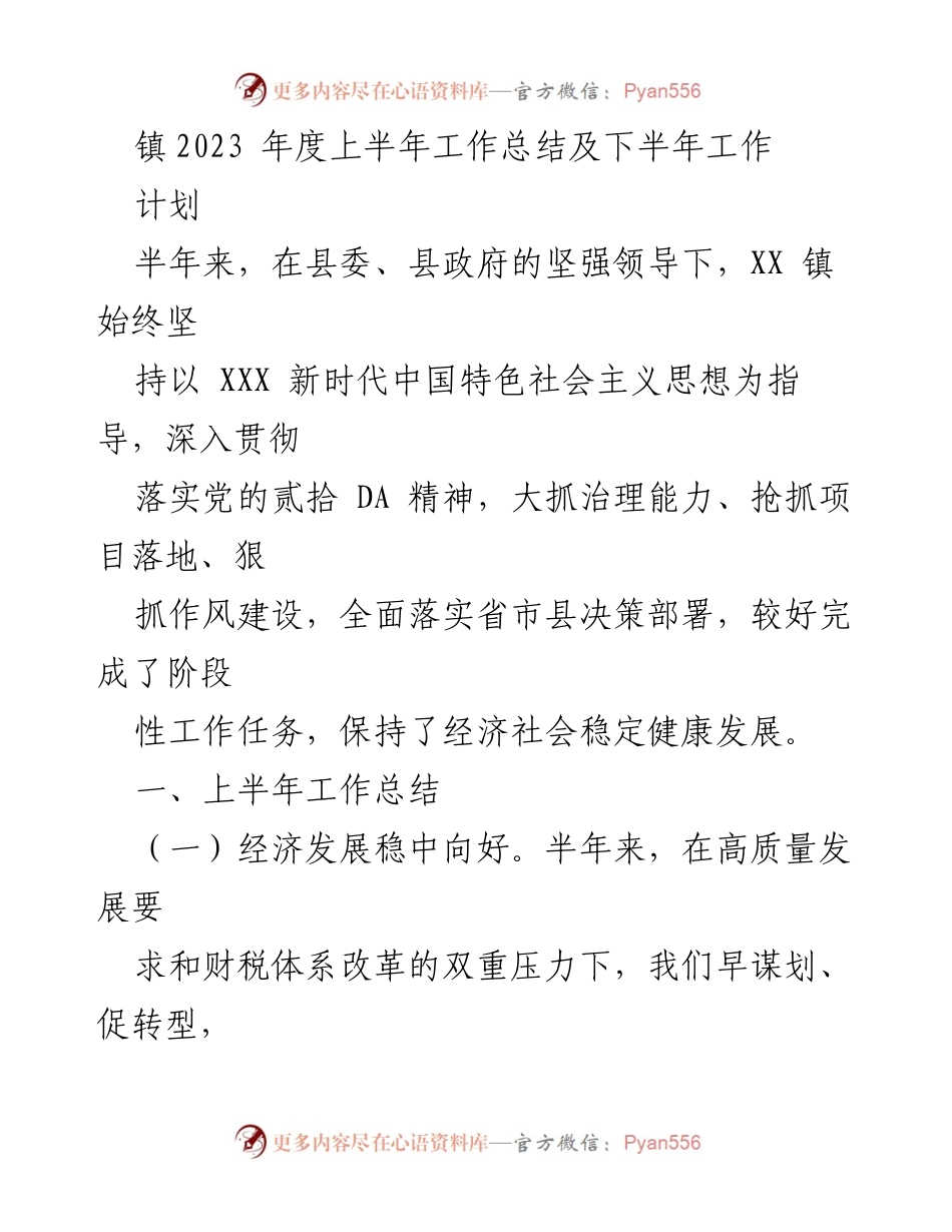 [工作总结] 镇政府 - 2023年度上半年工作总结与下半年计划.docx_第1页