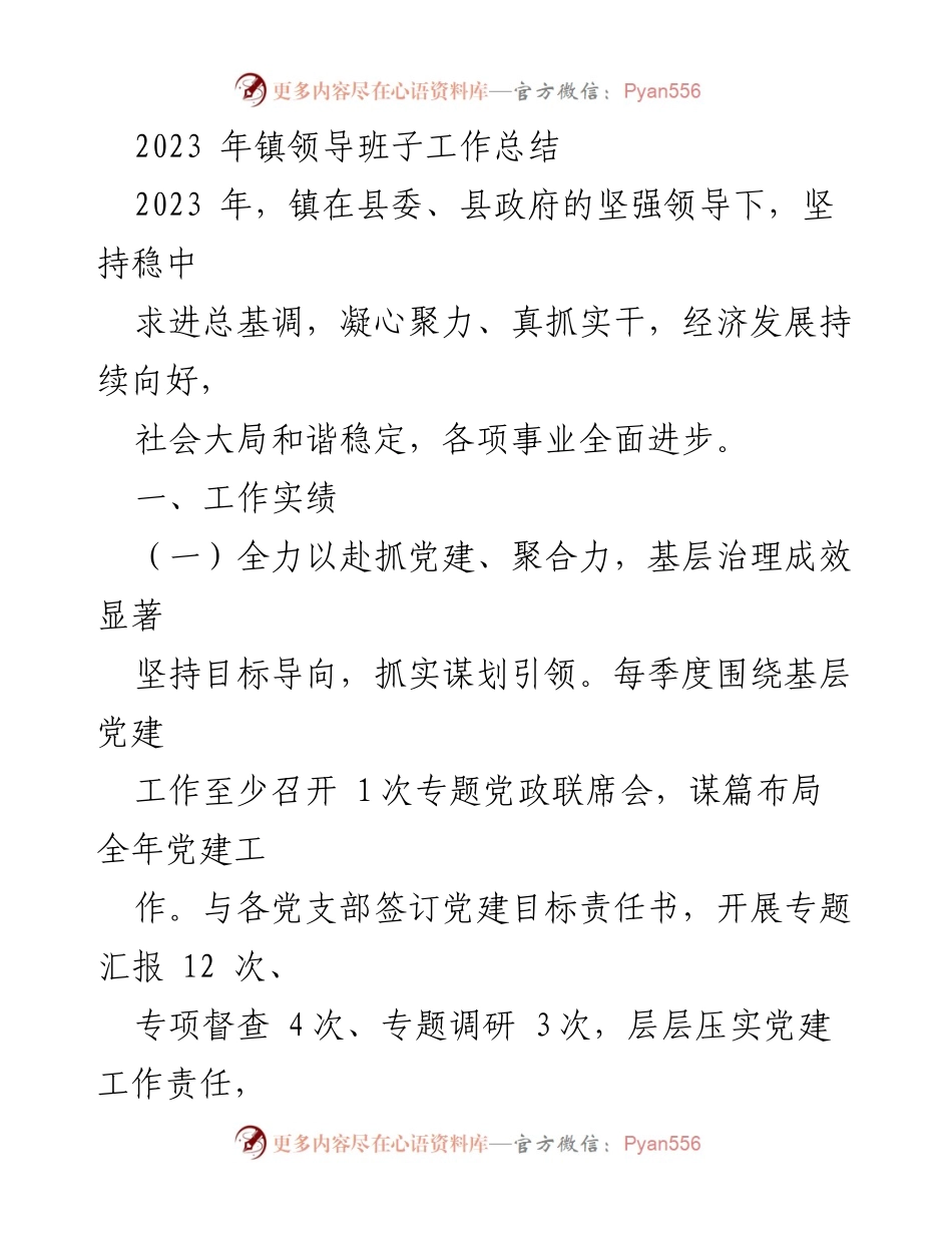 [工作总结] 镇领导班子 - 2023年镇领导班子工作总结与成效分析.docx_第1页