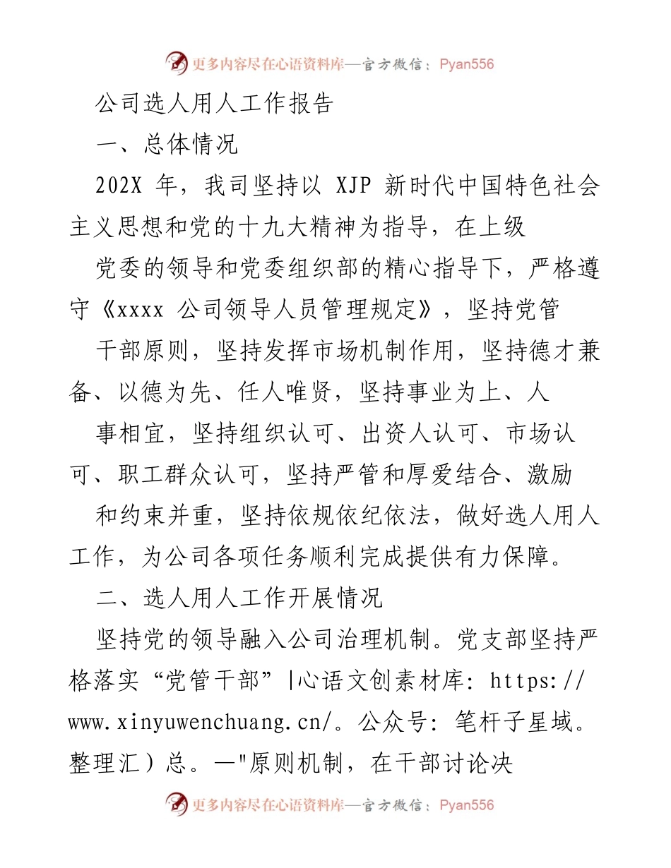 [工作总结] 选人用人工作 - 202X年公司选人用人工作报告总结.docx_第1页