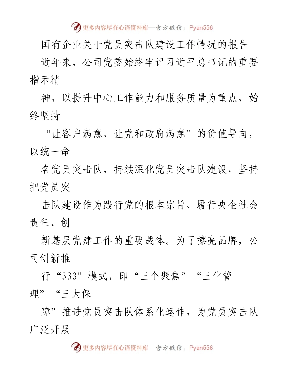 [工作报告] 国有企业 - 党员突击队建设工作情况总结.docx_第1页