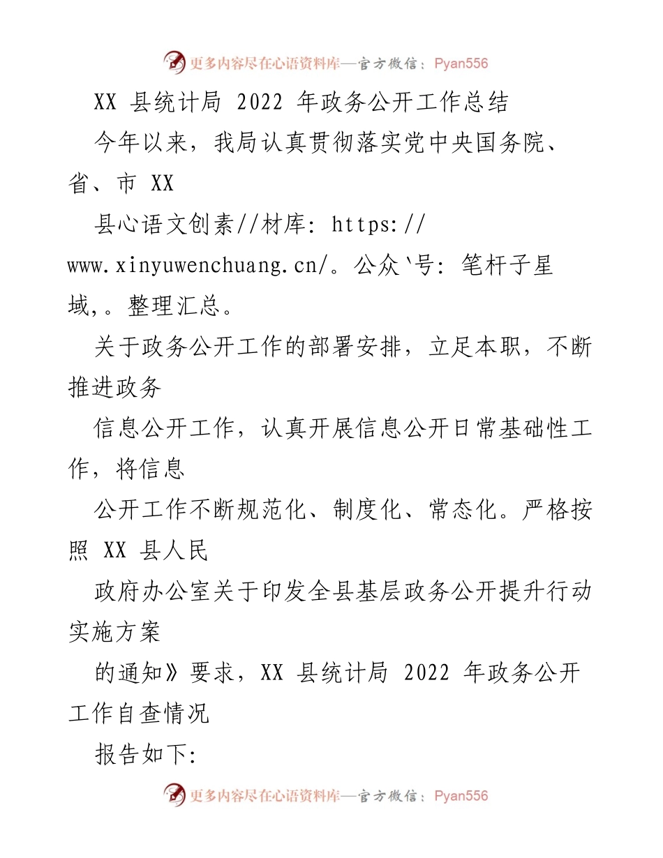[工作总结] 统计局 - 2022年XX县统计局政务公开工作总结与展望.docx_第1页
