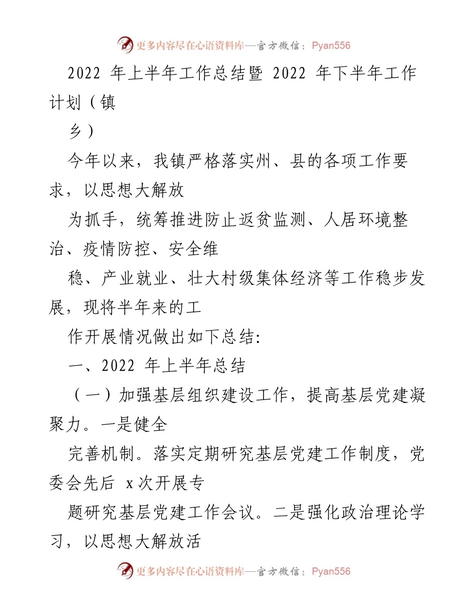 [工作总结] 镇乡 - 2022年上半年工作总结与下半年工作计划_1.docx_第1页