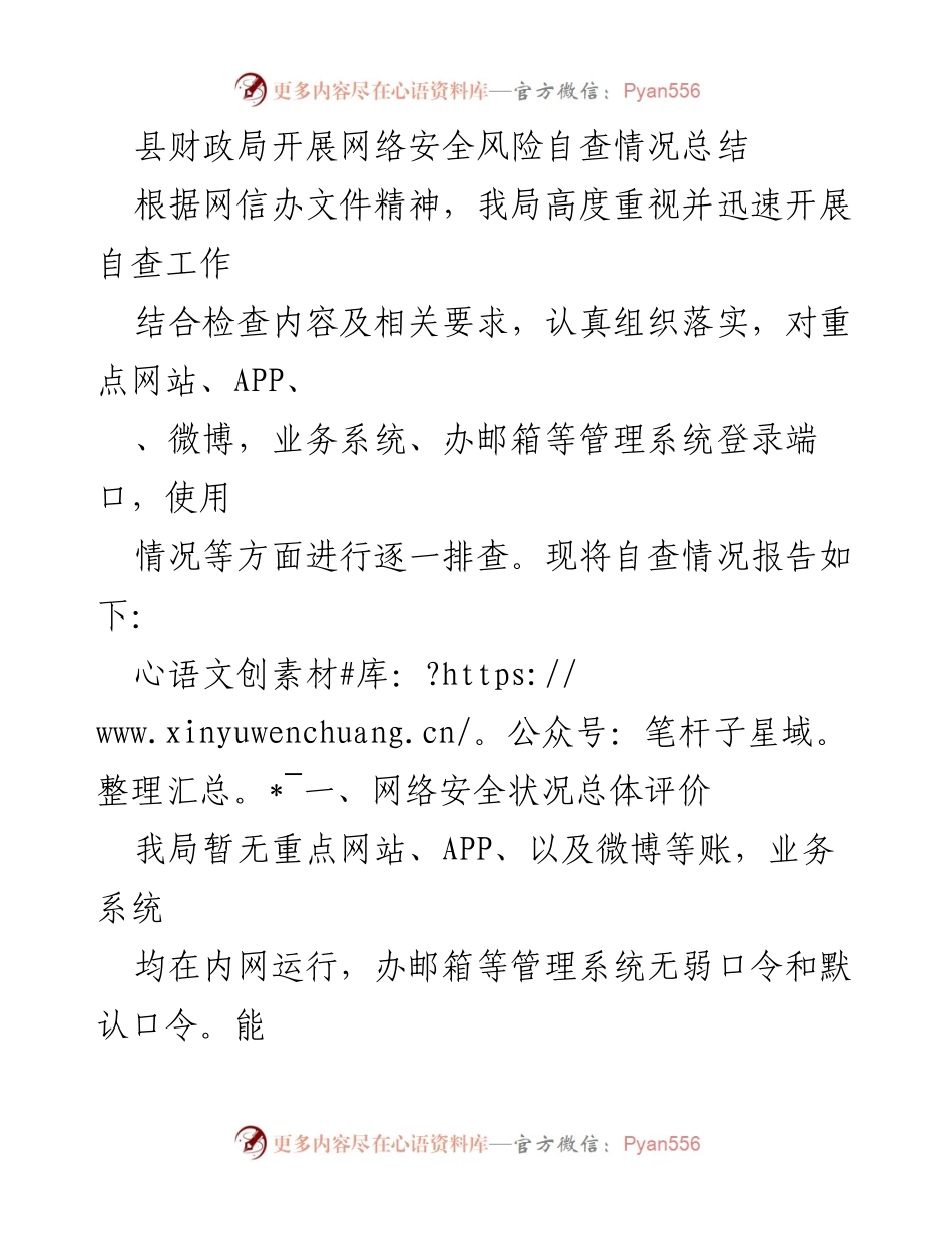 [工作总结] 网络安全自查 - 县财政局网络安全风险自查情况总结.docx_第1页