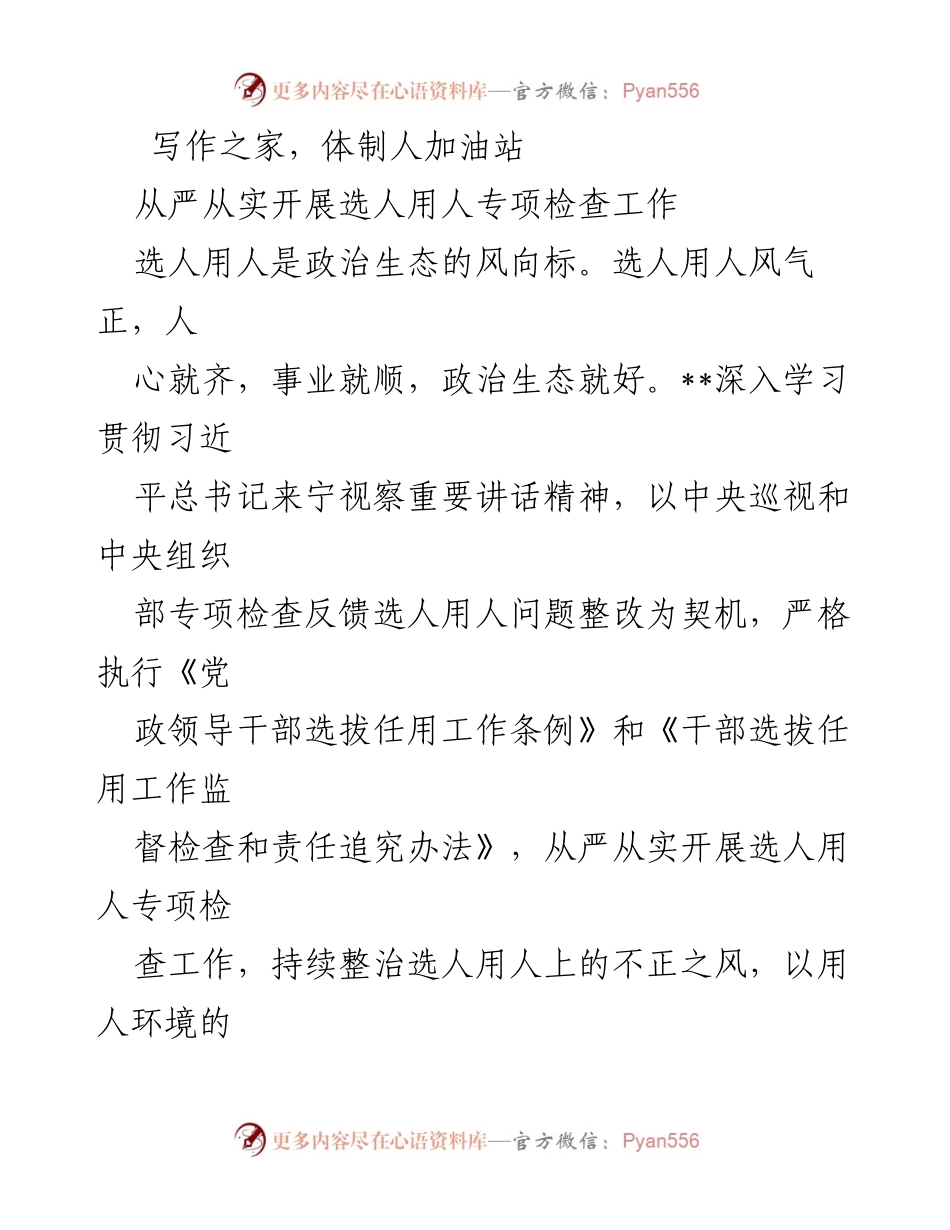 [工作总结] 选人用人专项检查 - 从严从实推进选人用人专项检查工作总结.docx_第1页