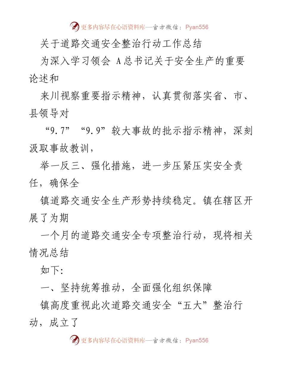 [工作总结] 道路交通安全整治行动 - 道路交通安全整治行动工作总结_1.docx_第1页
