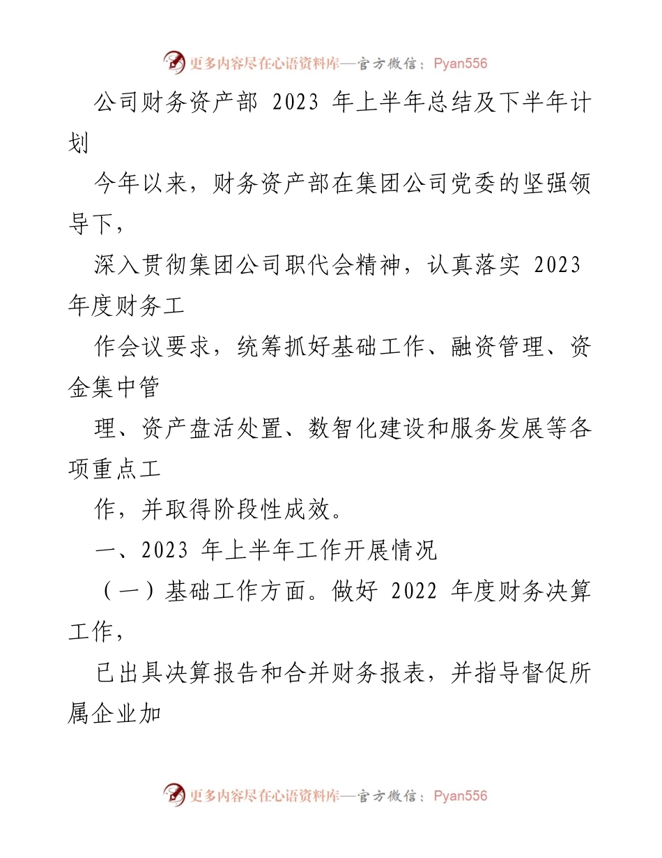 [工作总结] 财务资产部 - 2023年上半年工作总结与下半年计划_1.docx_第1页
