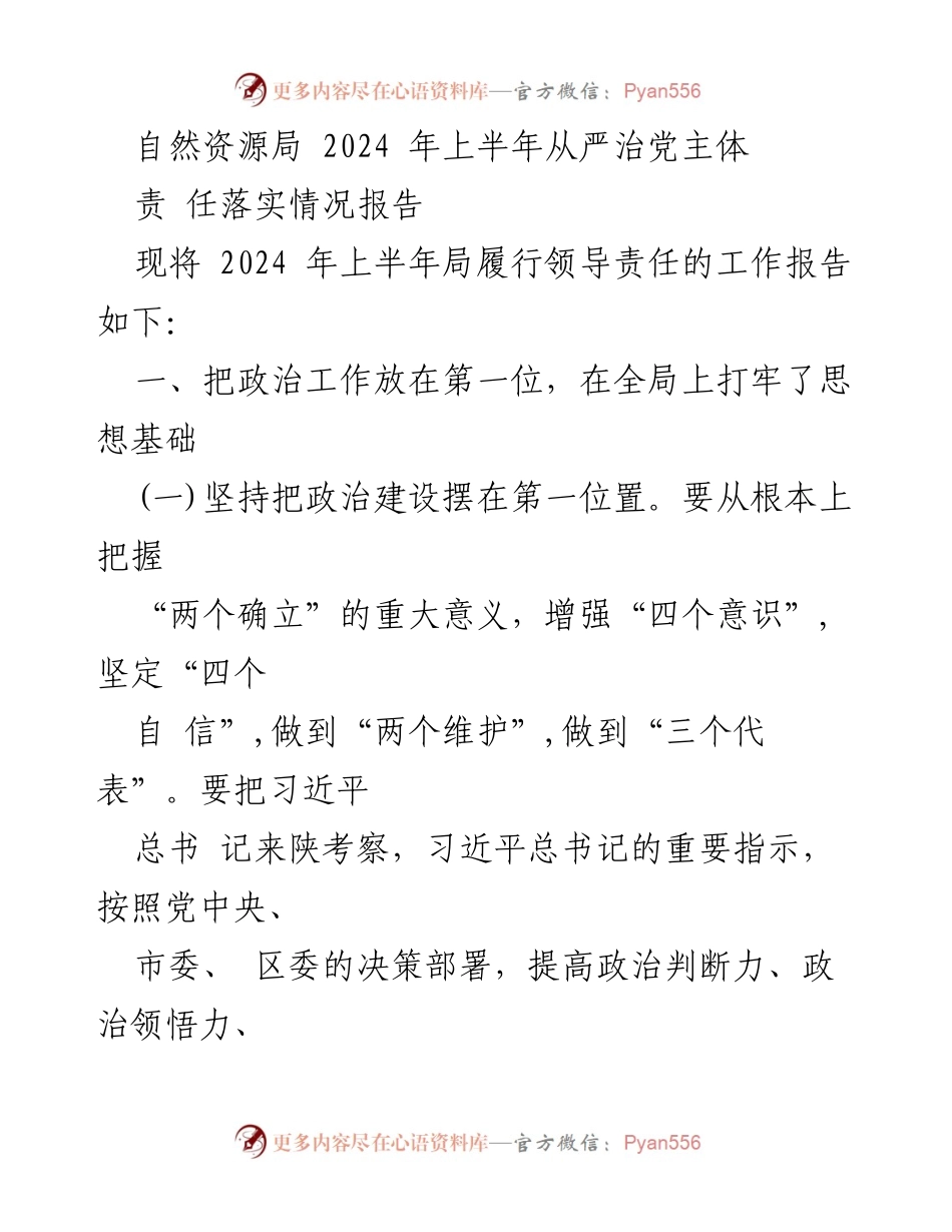 [工作总结] 自然资源局 - 2024年上半年从严治党主体责任落实情况报告_1.docx_第1页