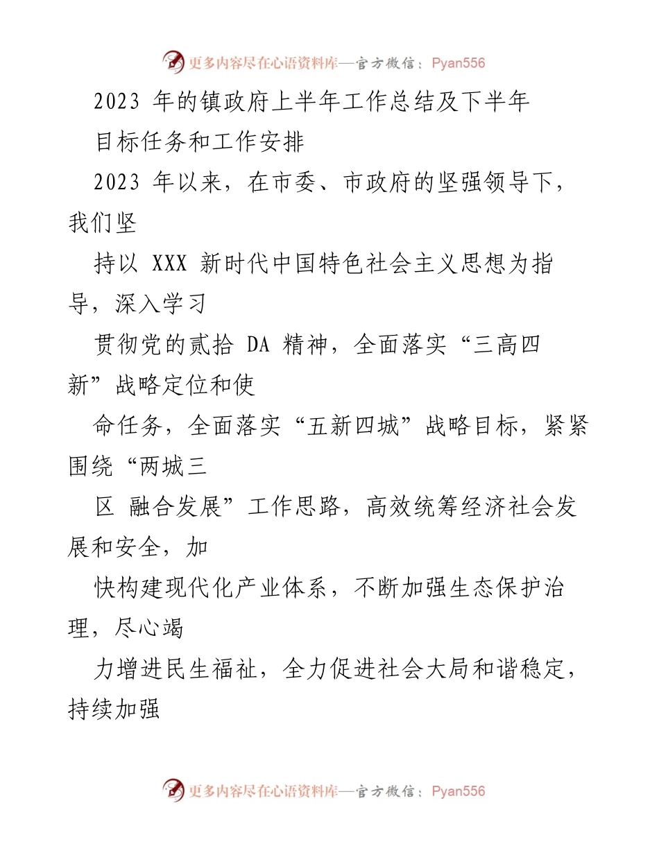 [工作总结] 镇政府 - 2023年上半年工作总结及下半年目标任务安排.docx_第1页