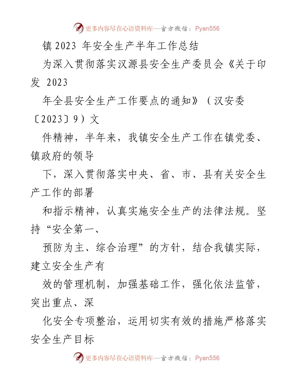 [工作总结] 镇安全生产 - 2023年安全生产半年工作总结报告.docx_第1页