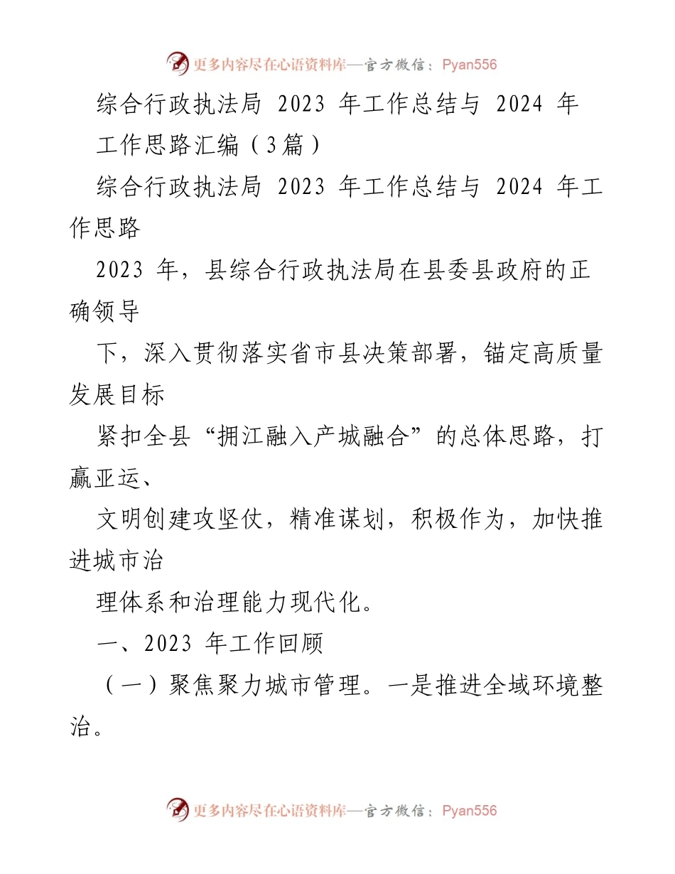 [工作总结] 综合行政执法局 - 2023年工作总结与2024年工作思路汇编.docx_第1页