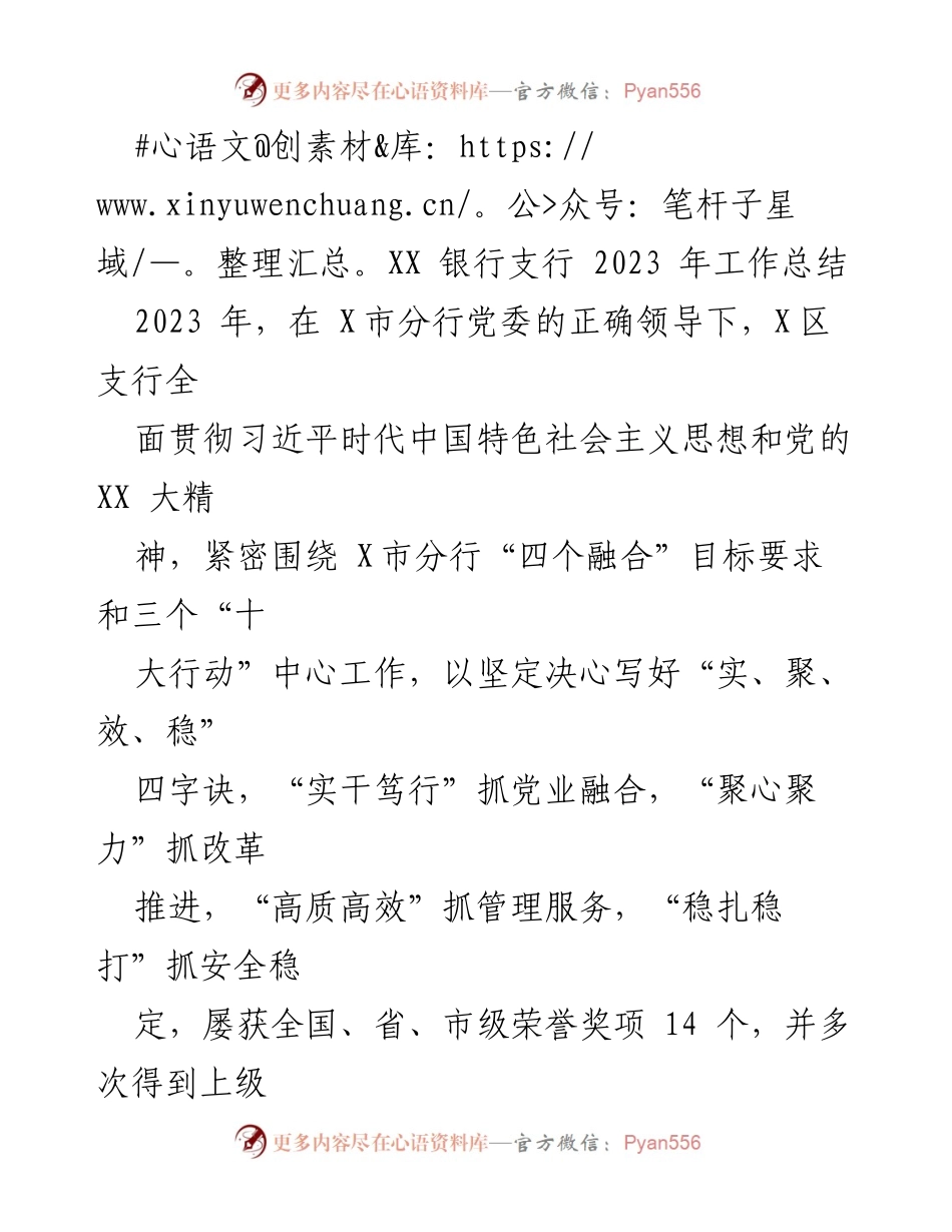 [工作总结] 银行支行 - 2023年X区支行工作总结与成就报告.docx_第1页