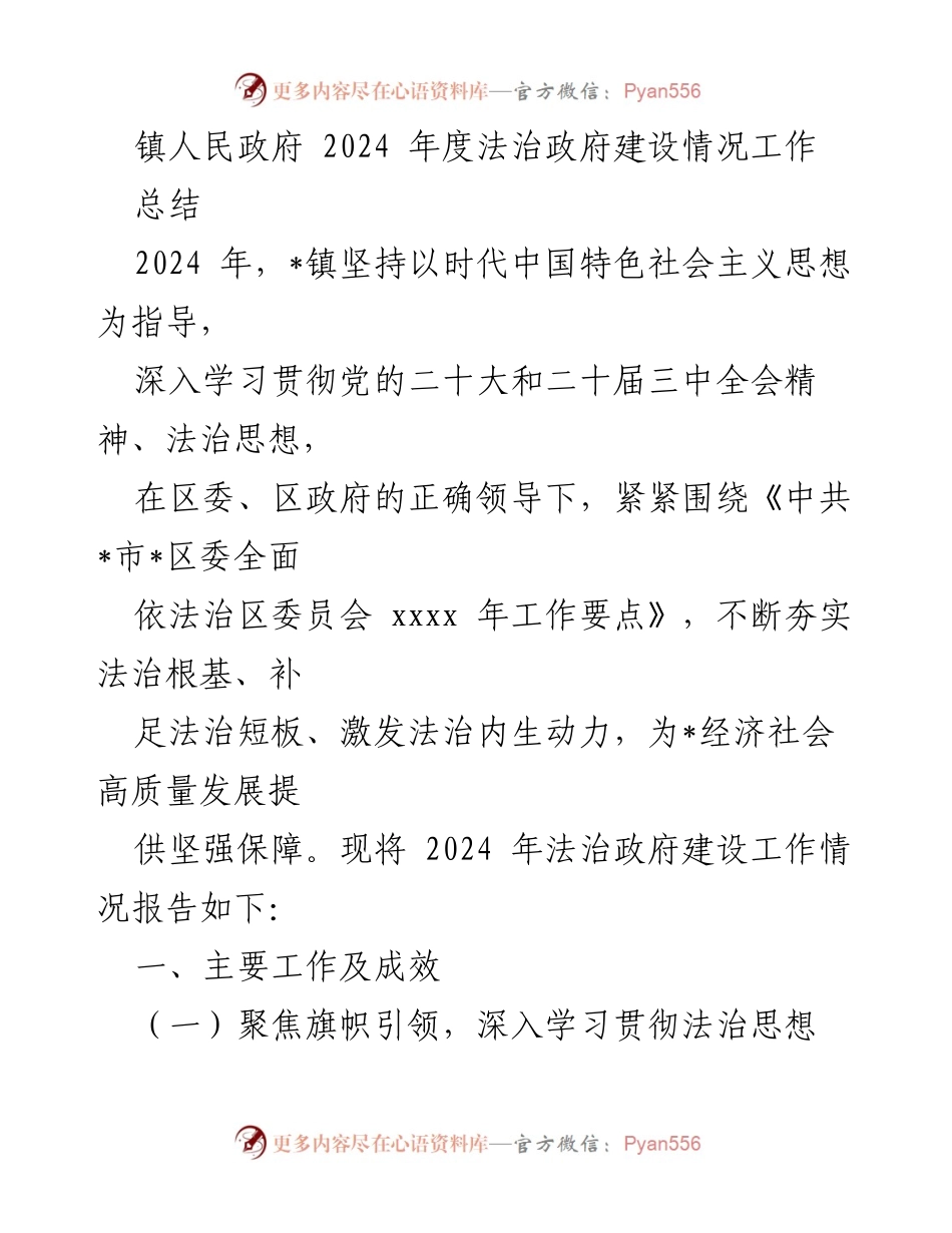 [工作总结] 镇人民政府 - 2024年度法治政府建设工作总结.docx_第1页