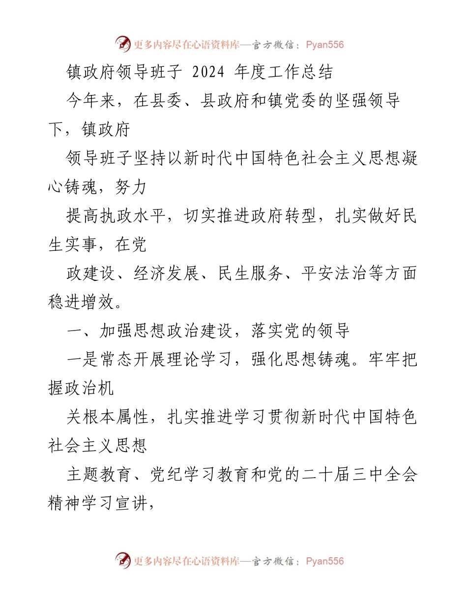 [工作总结] 镇政府 - 2024年度镇政府领导班子工作总结报告.docx_第1页