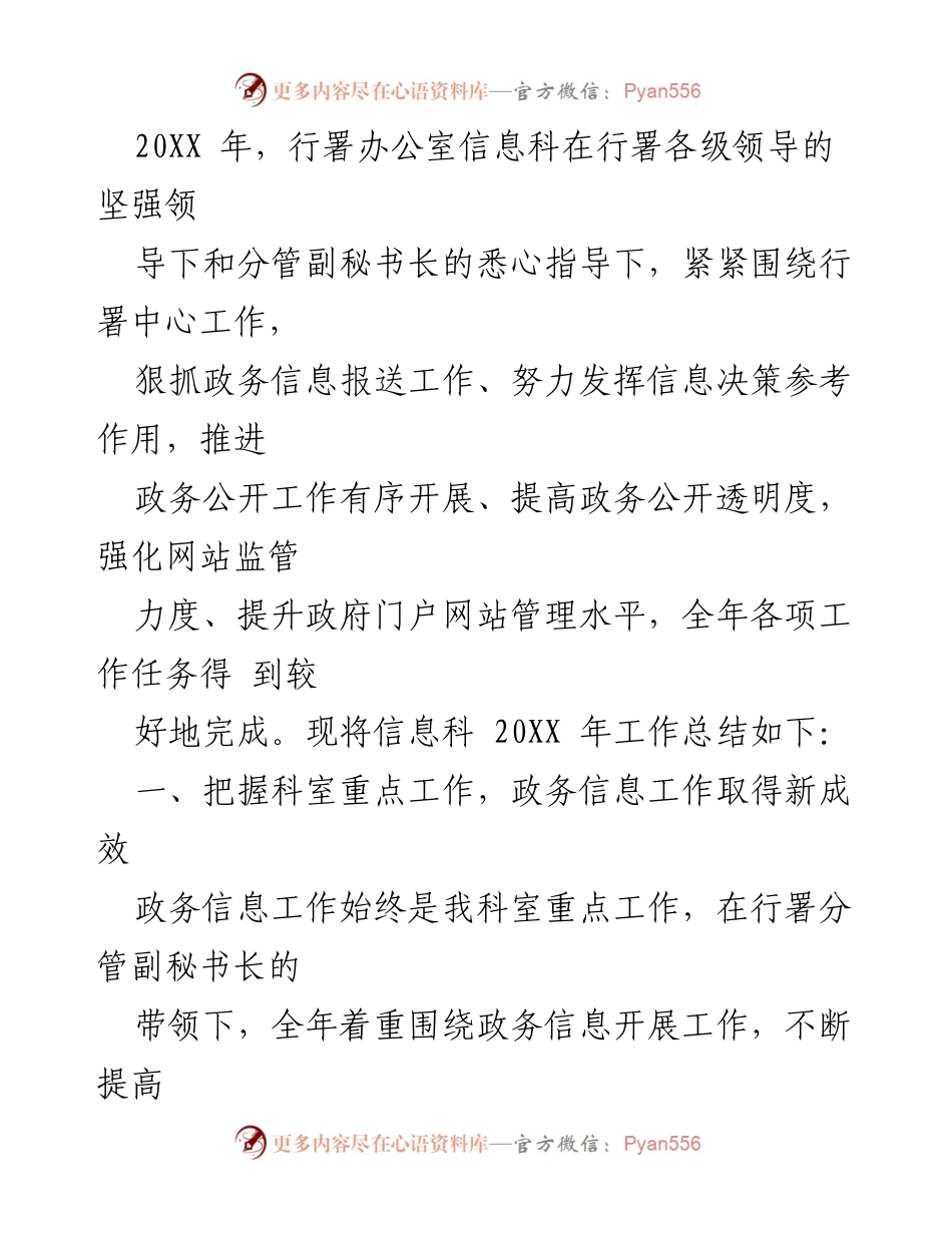 [工作总结] 行政管理 - 20XX年信息科工作总结与成效分析.docx_第1页