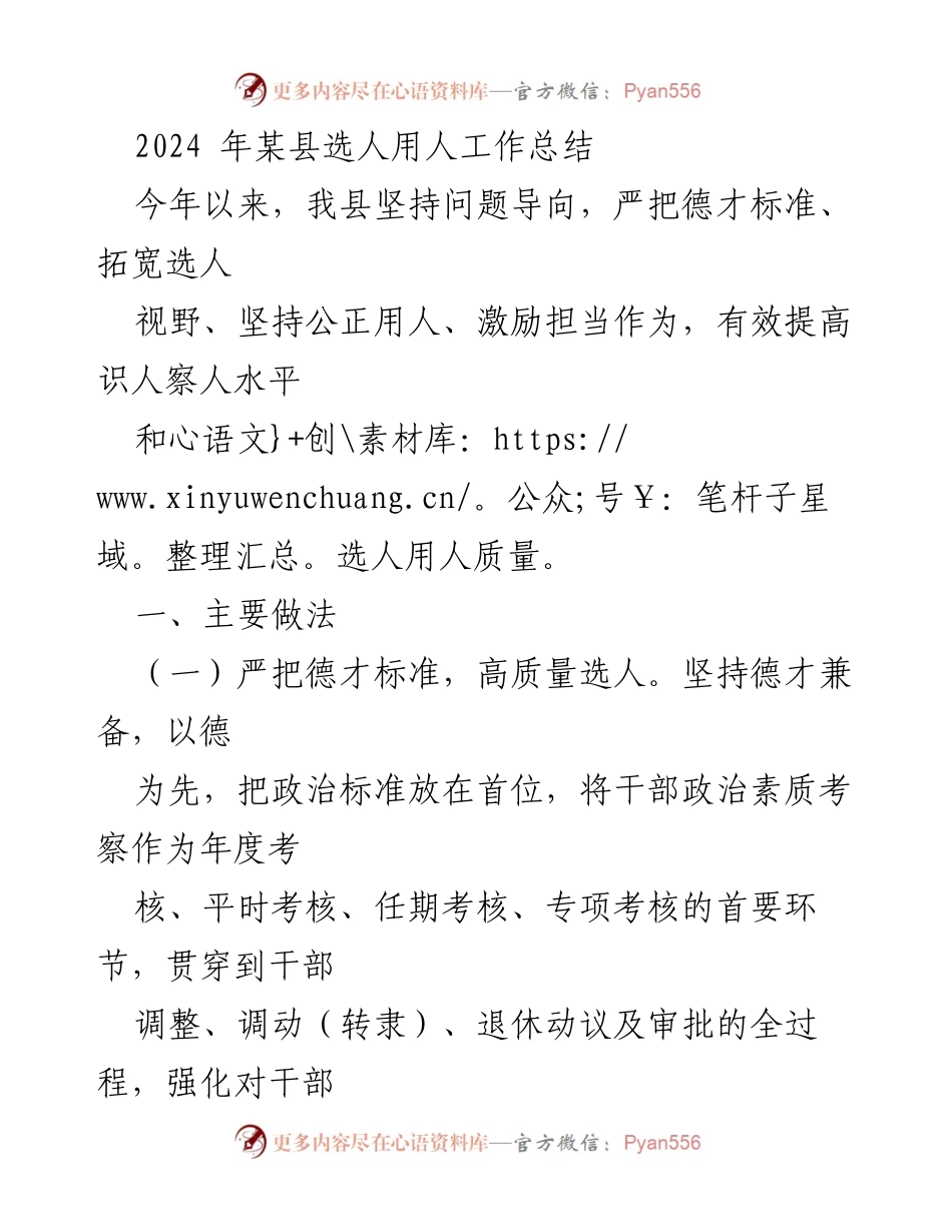 [工作总结] 选人用人工作 - 2024年某县选人用人工作总结与成效分析.docx_第1页