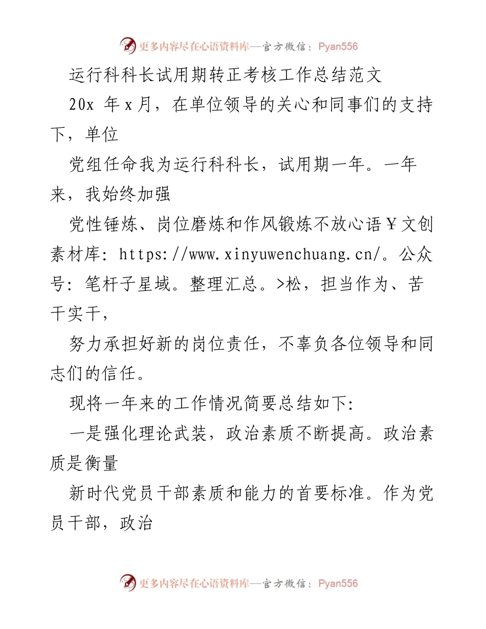 [工作总结] 试用期转正 - 运行科科长试用期工作总结报告.docx_第1页