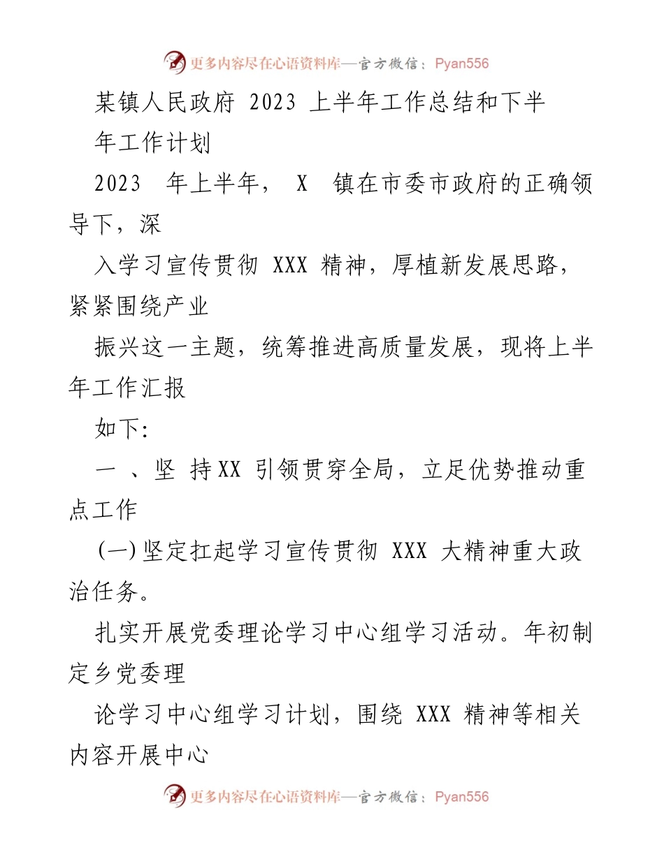[工作总结] 镇政府 - 2023年上半年工作总结与下半年工作计划.docx_第1页