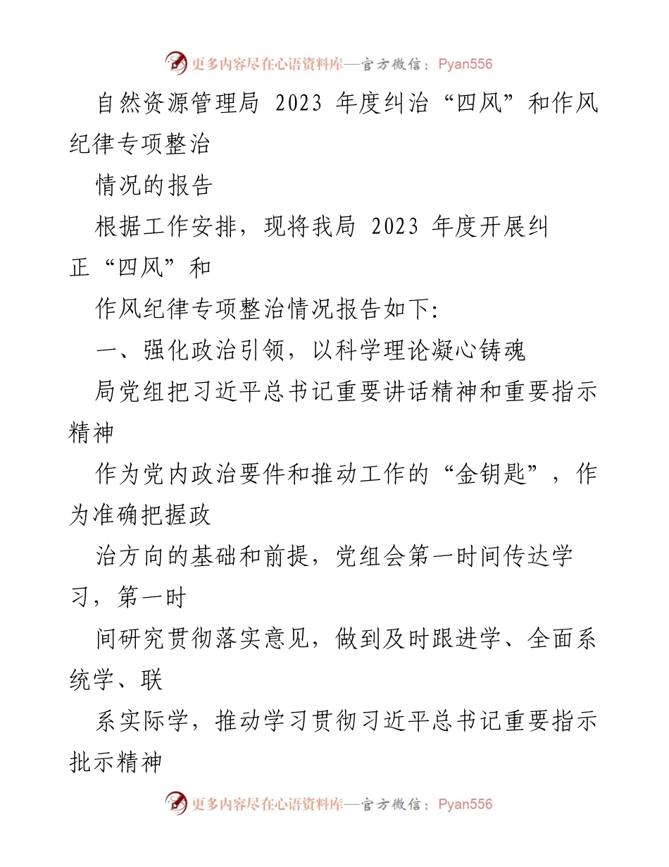 [工作总结] 自然资源管理局 - 2023年度“四风”及作风纪律专项整治情况报告_2.docx_第1页