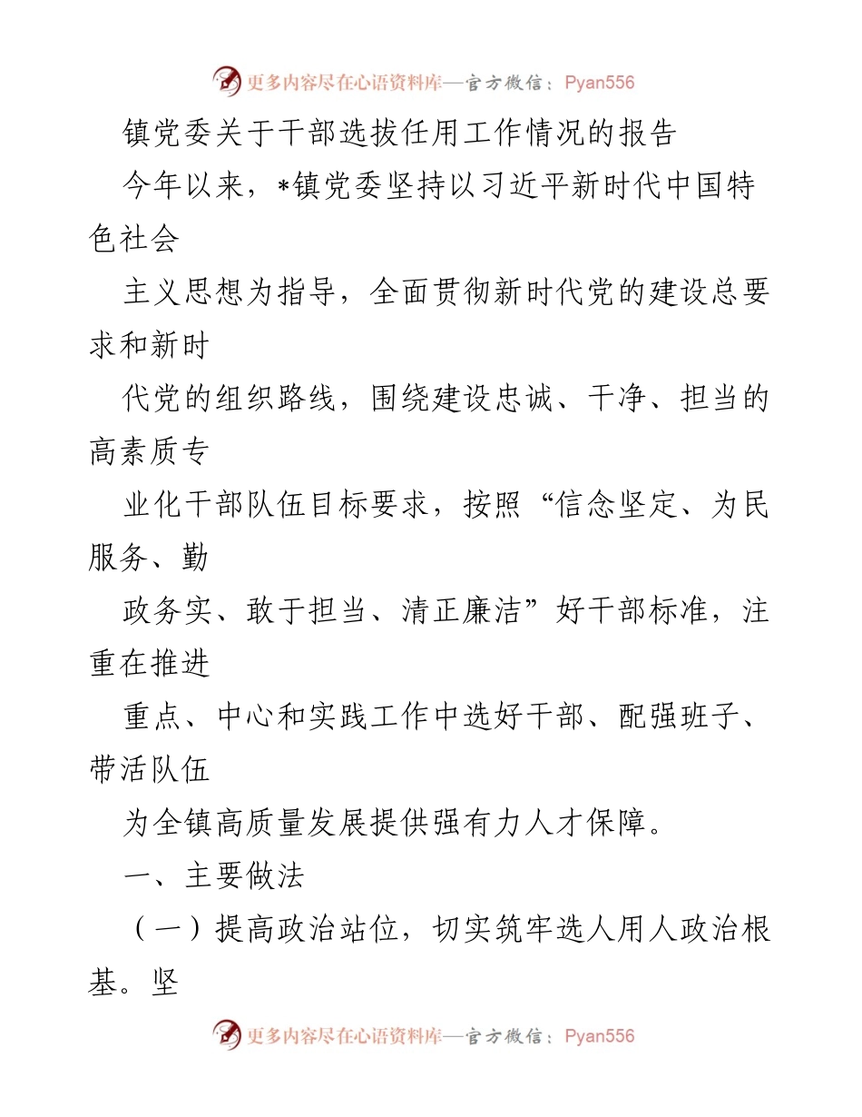 [工作总结] 镇党委 - 干部选拔任用工作情况报告.docx_第1页