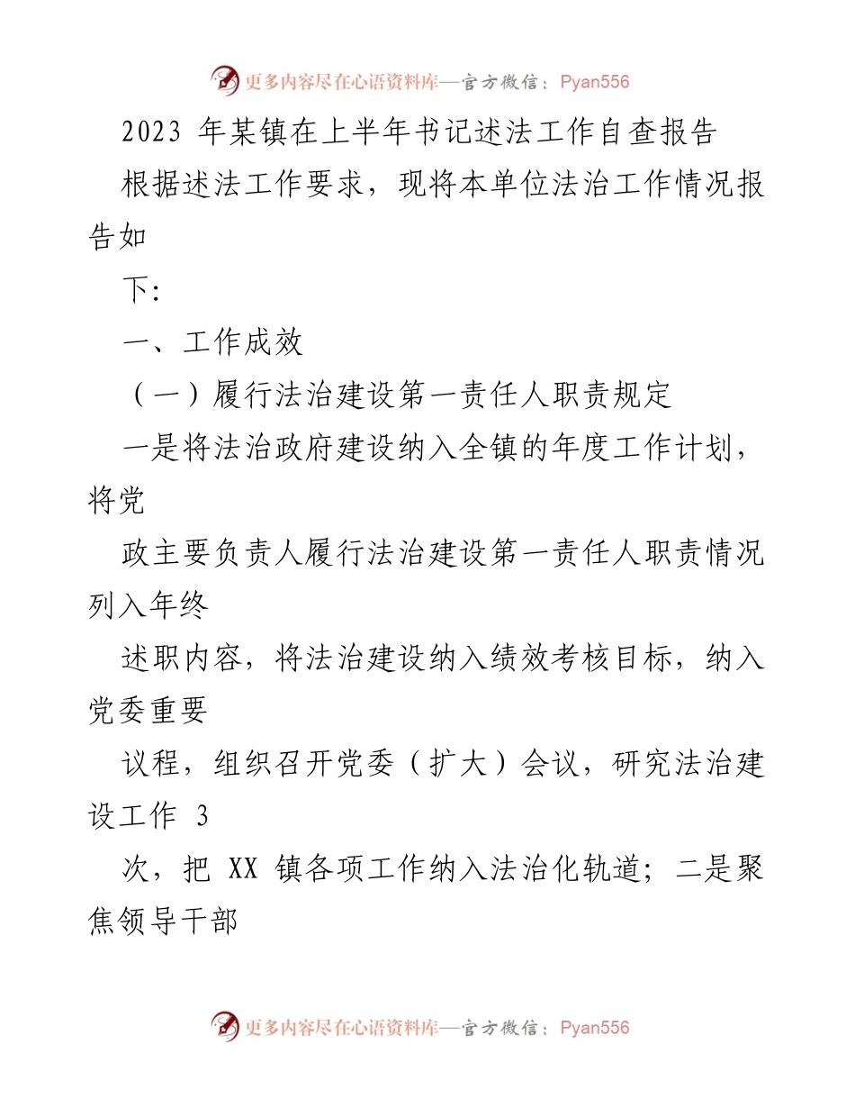 [工作总结] 镇政府 - 2023年某镇书记述法工作自查报告.docx_第1页
