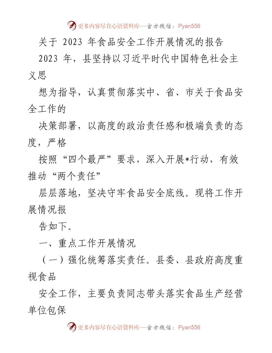 [工作总结] 食品安全工作 - 2023年食品安全工作开展情况报告.docx_第1页