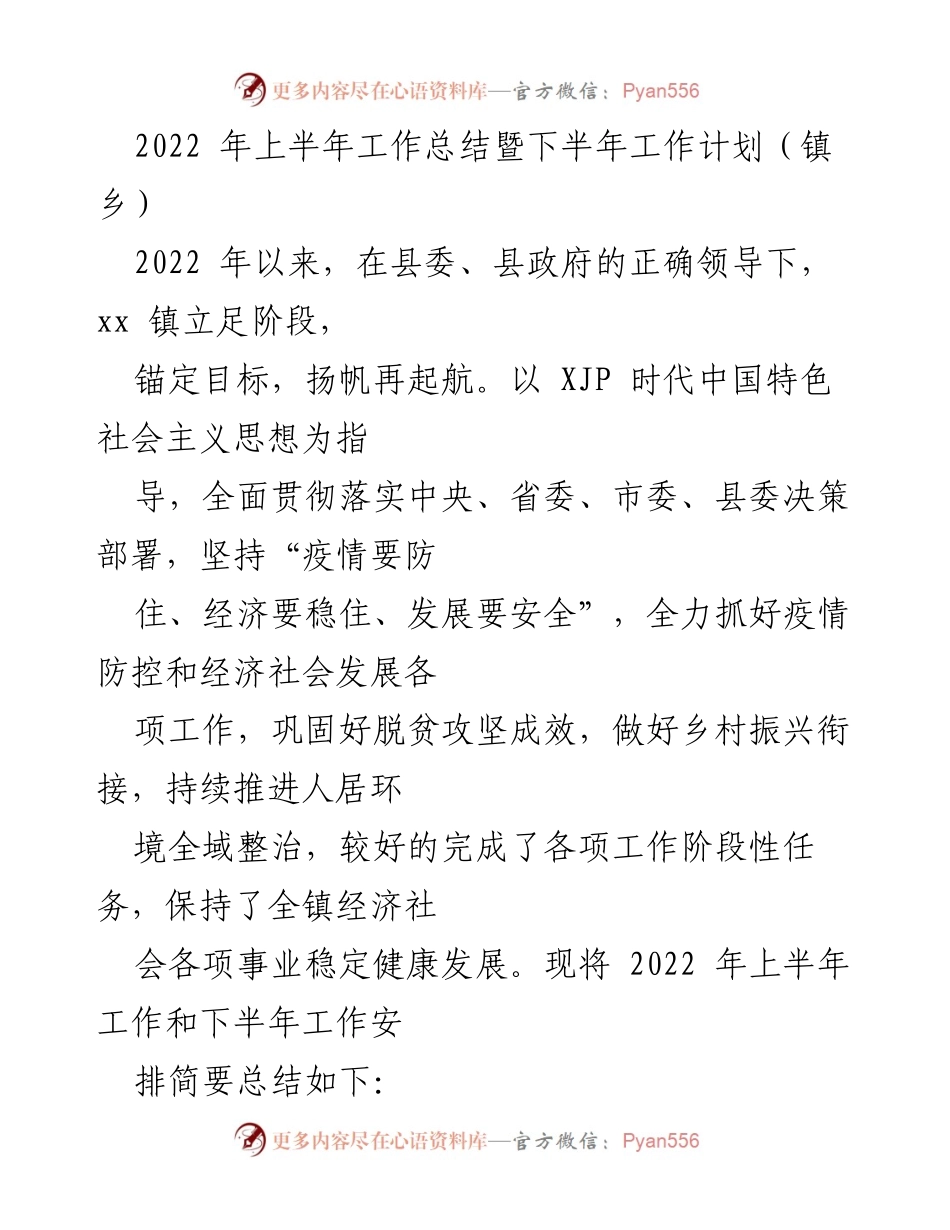 [工作总结] 镇乡工作会议 - 2022年上半年工作总结与下半年工作计划.docx_第1页