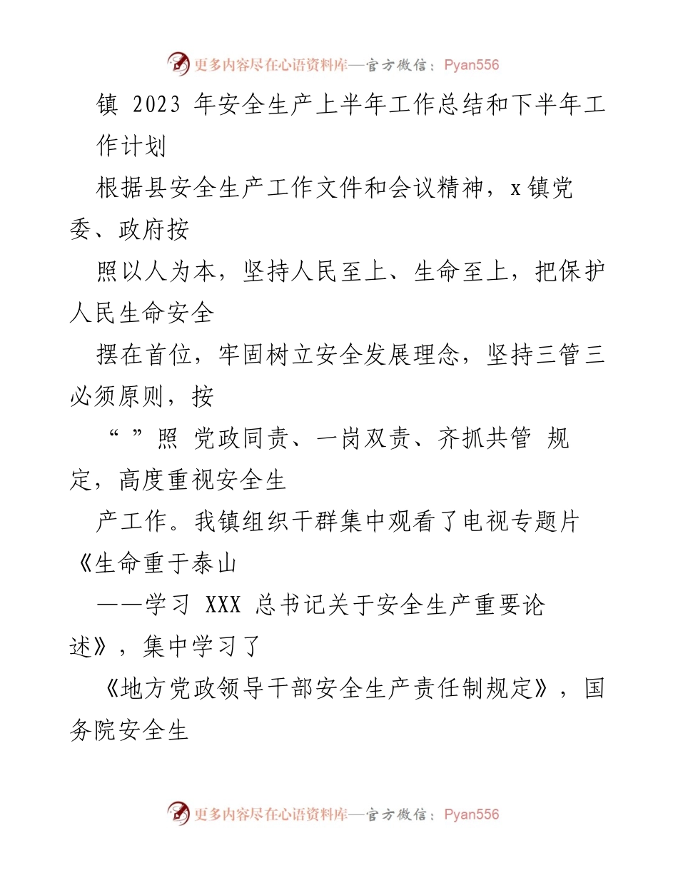 [工作总结] 镇安全生产工作 - 2023年上半年安全生产工作总结与下半年计划.docx_第1页