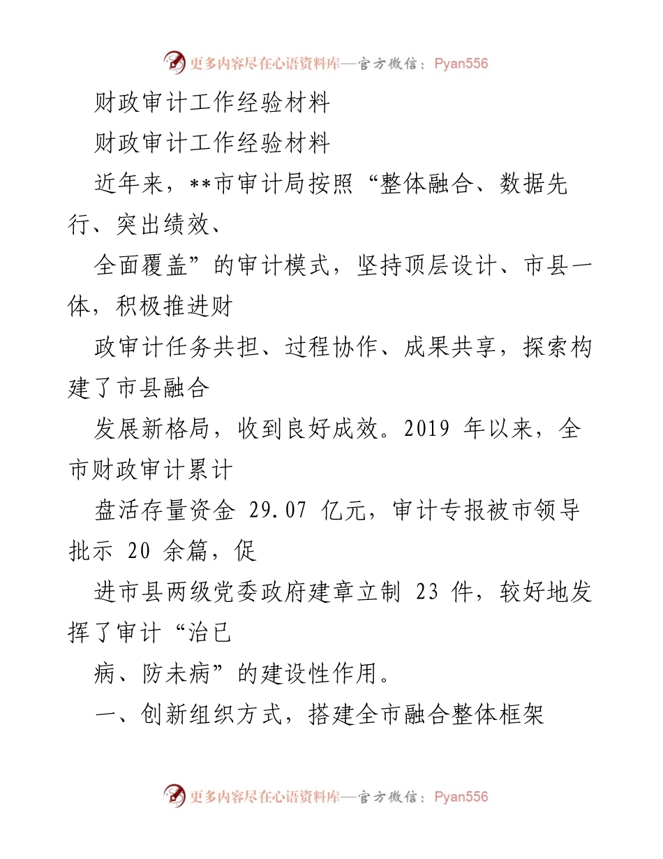 [工作总结] 财政审计 - 创新与协作：推动财政审计工作的经验与成效.docx_第1页