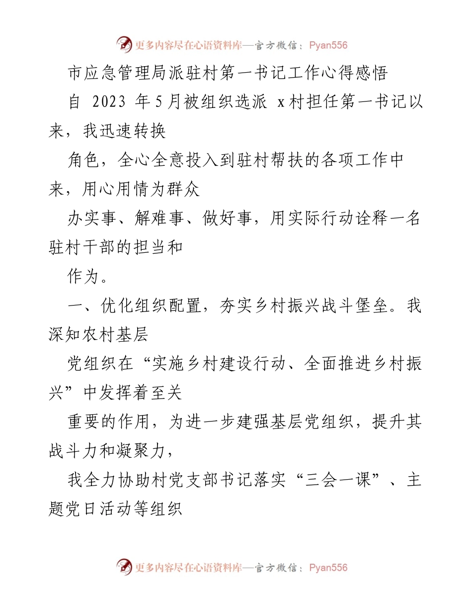 [工作总结] 驻村帮扶 - 驻村第一书记工作心得与实践总结.docx_第1页