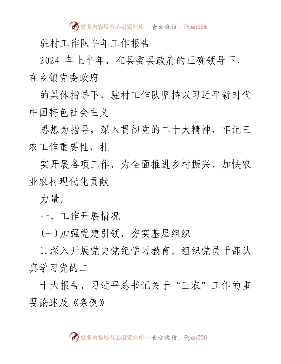 [工作总结] 驻村工作队半年总结 - 半年工作总结：推动乡村振兴与民生改善.docx_第1页