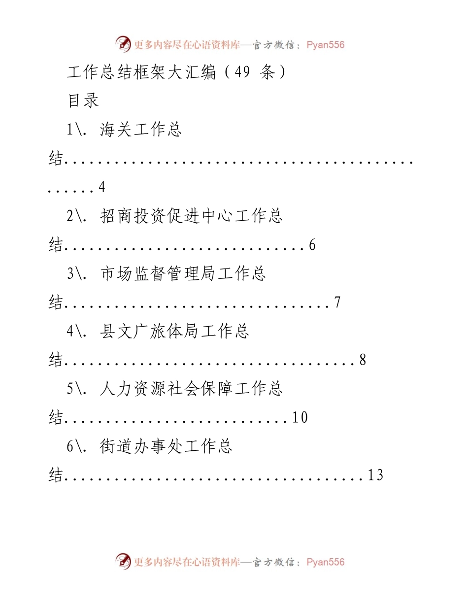 [工作总结] 综合汇编 - 各部门工作总结框架汇编.docx_第1页