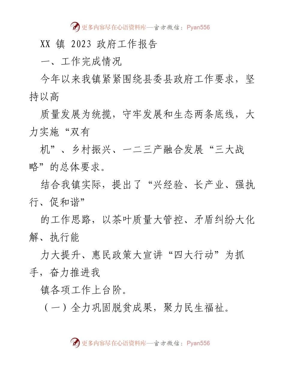 [工作报告] XX镇2023年政府工作总结 - 高质量发展与民生保障的全面推进.docx_第1页