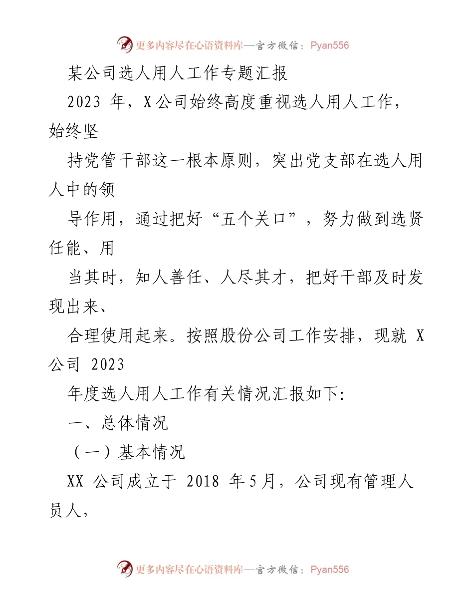 [工作总结] 选人用人工作汇报 - X公司2023年度选人用人工作专题总结.docx_第1页