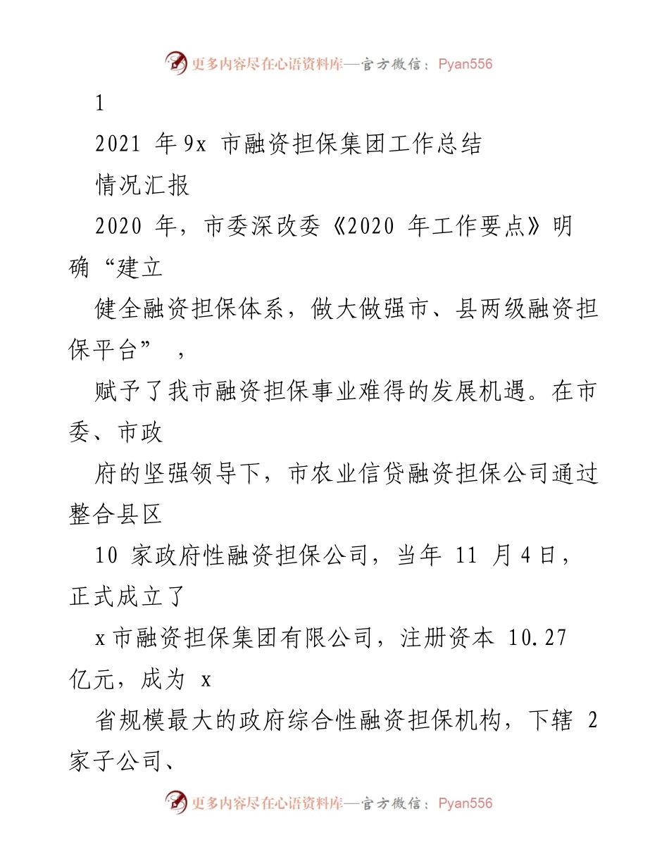 [工作总结] 融资担保集团 - 2020年x市融资担保集团工作总结与发展成就.docx_第1页