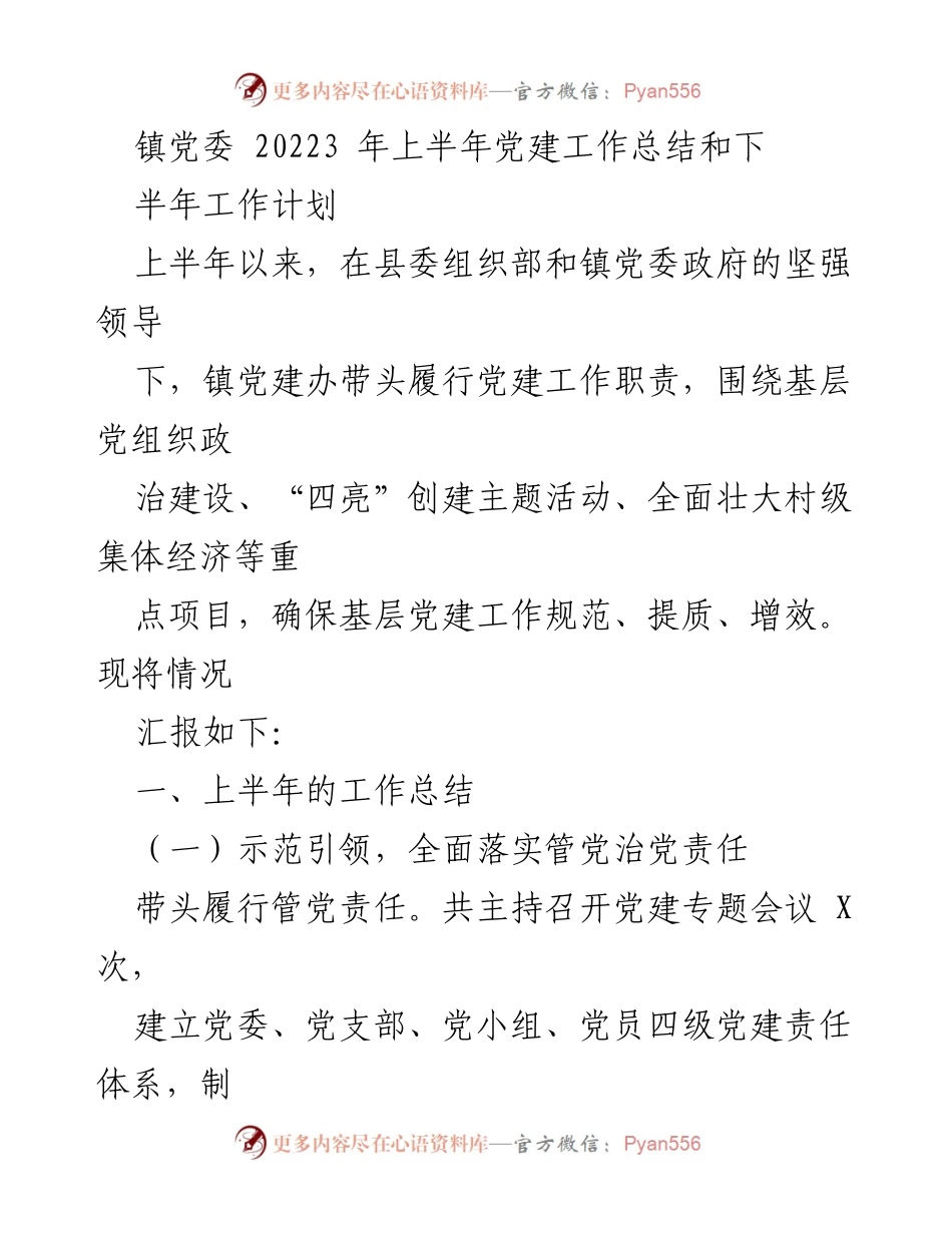 [工作总结] 镇党委 - 2023年上半年党建工作总结与下半年工作计划_1.docx_第1页