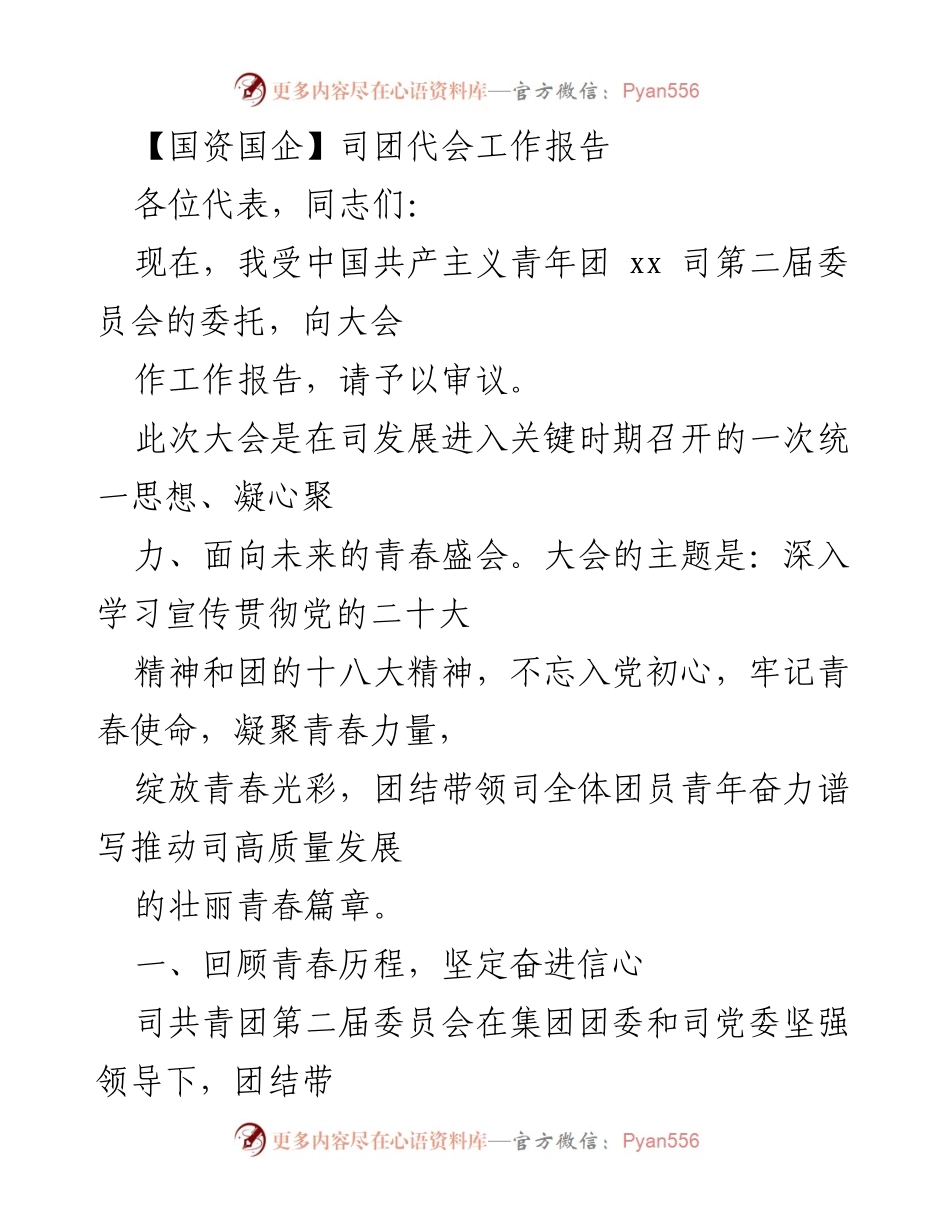 [工作报告] 司团代会 - 青春力量与高质量发展的奋斗篇章.docx_第1页