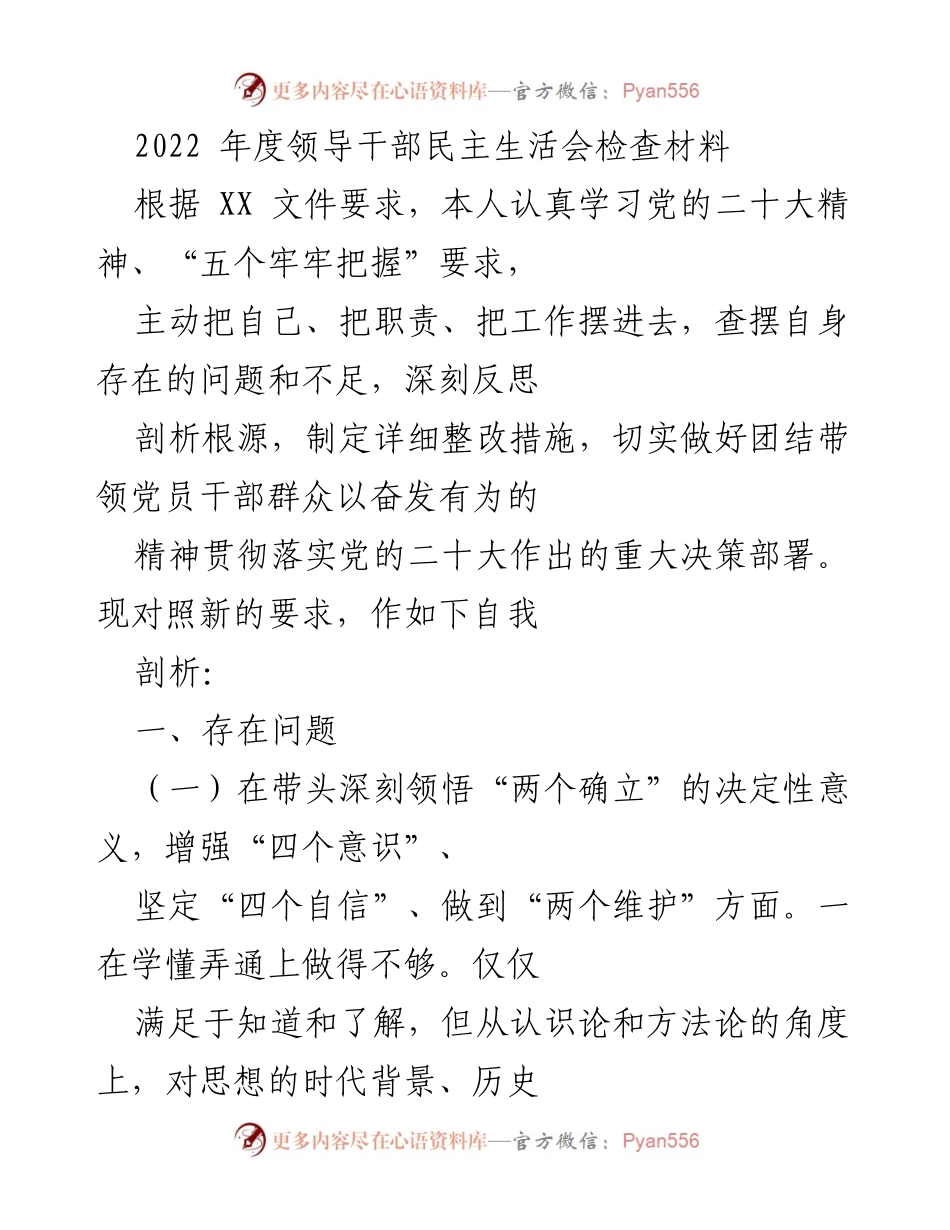 [工作总结] 领导干部民主生活会 - 2022年度领导干部自我剖析与整改措施总结.docx_第1页