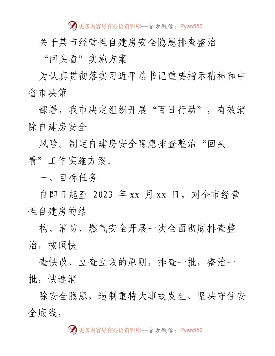 [工作总结] 自建房安全隐患排查 - 某市经营性自建房安全隐患排查整治“回头看”实施方案.docx_第1页