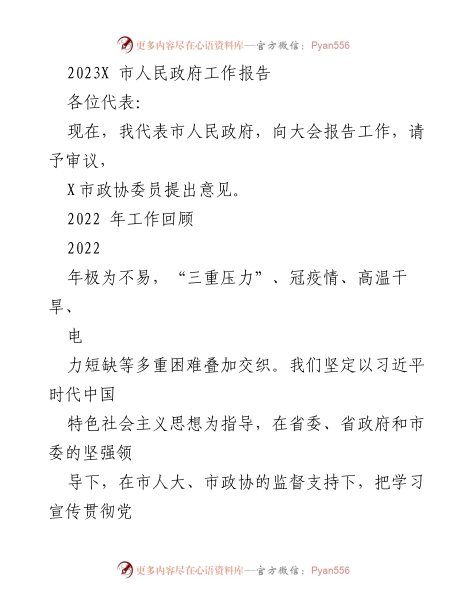 [工作报告] 市人民政府会议 - 2023年X市人民政府工作报告_1.docx_第1页