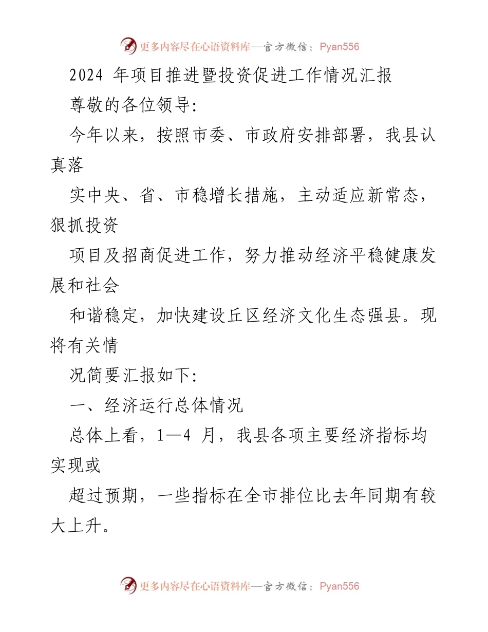 [工作总结] 项目推进会议 - 2024年投资促进工作情况汇报.docx_第1页