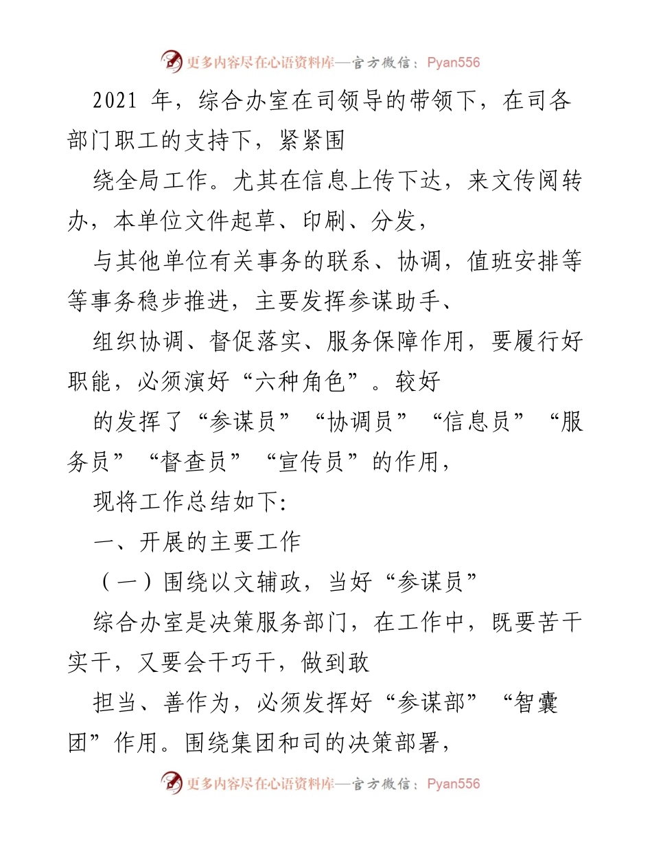 [工作总结] 综合办室年度工作 - 2021年综合办室工作总结及职能履行情况分析.docx_第1页