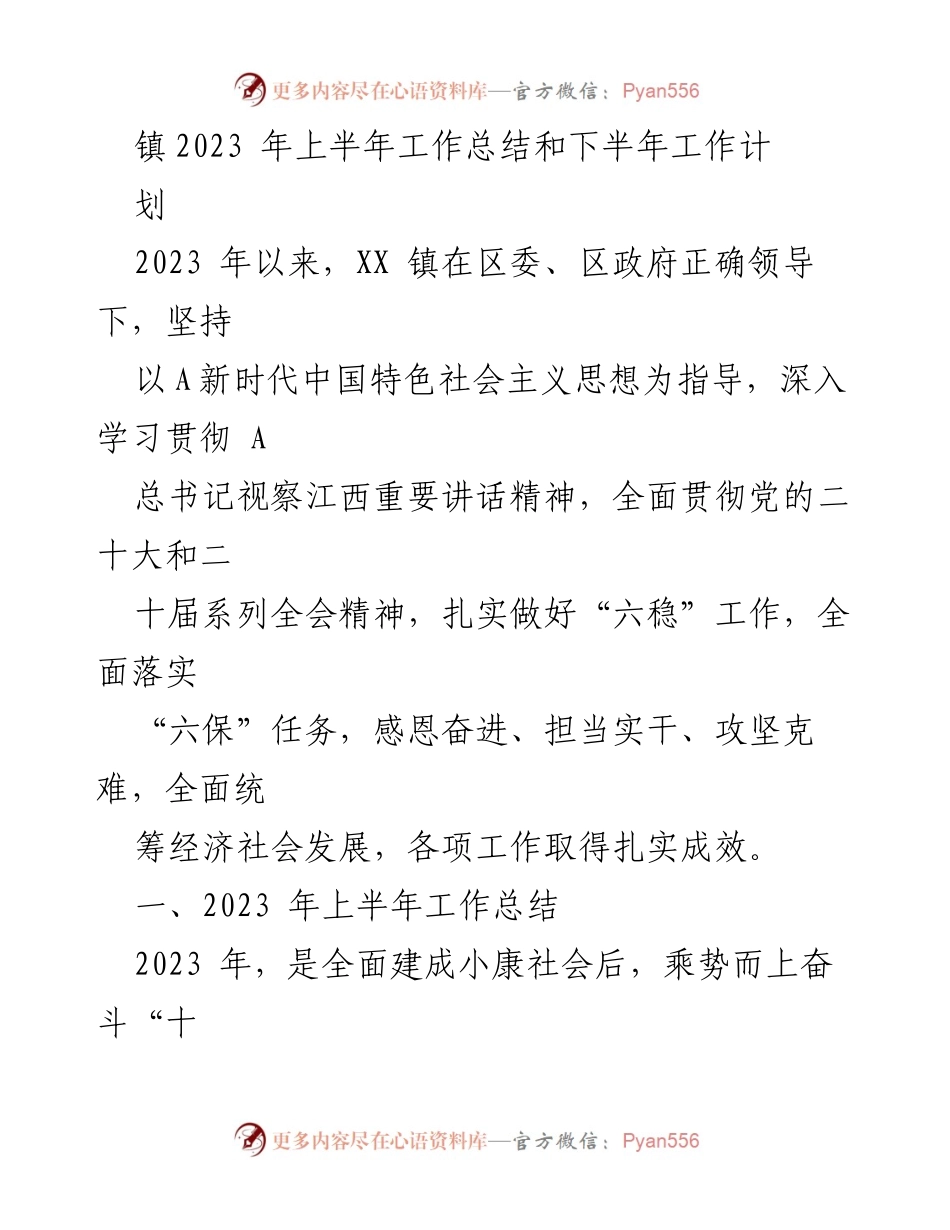 [工作总结] 镇政府 - 2023年上半年工作总结与下半年工作计划_1.docx_第1页