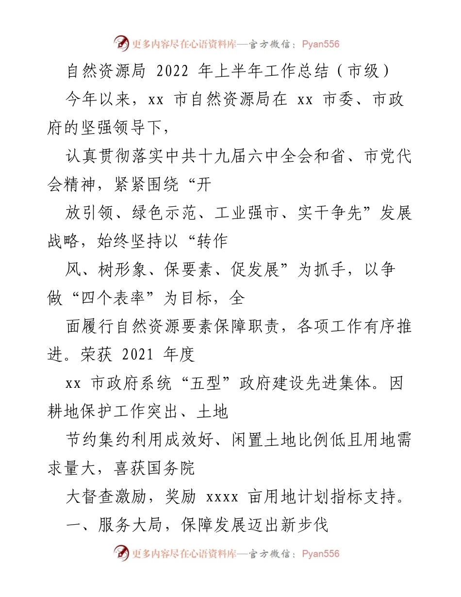 [工作总结] 自然资源局 - 2022年上半年工作总结与发展成效分析.docx_第1页