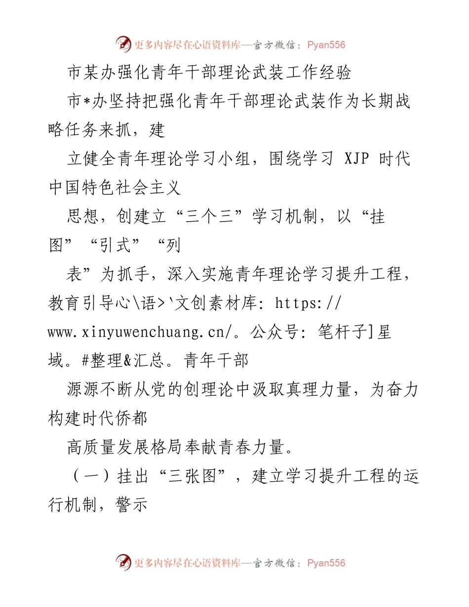 [工作总结] 青年干部培训 - 强化青年干部理论武装工作的经验总结.docx_第1页