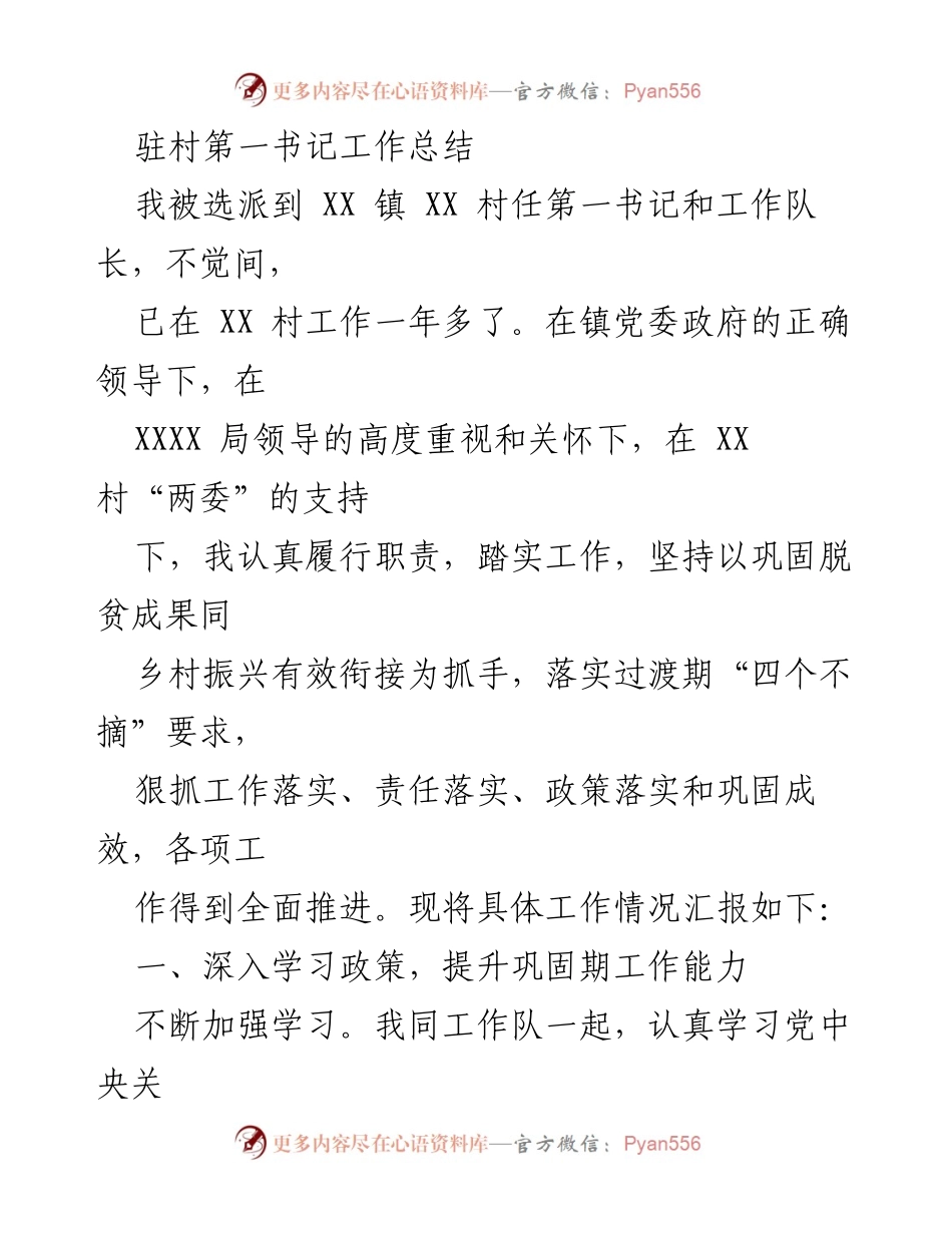[工作总结] 驻村工作 - 驻村第一书记年度工作总结与经验分享.docx_第1页
